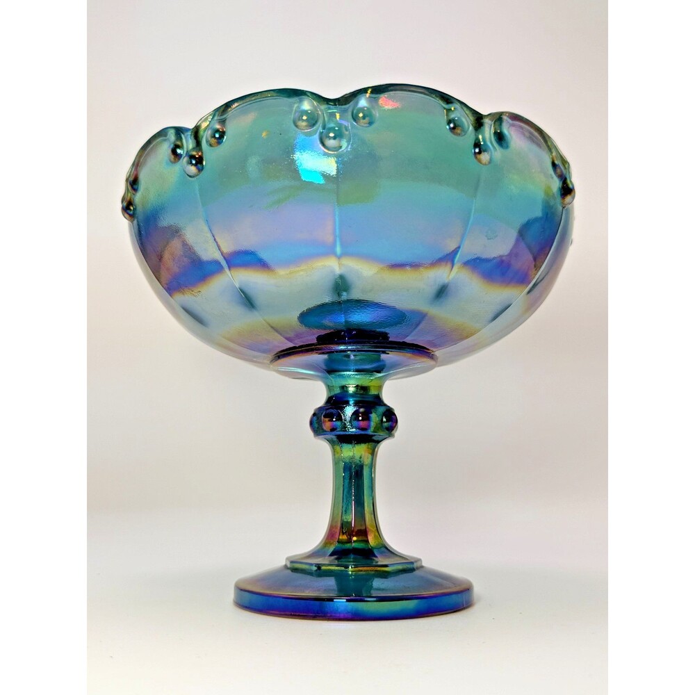 Vintage Blue Carnival Glass Pedestal Compote Bowl Iridescent Scalloped Rim 7.5"H